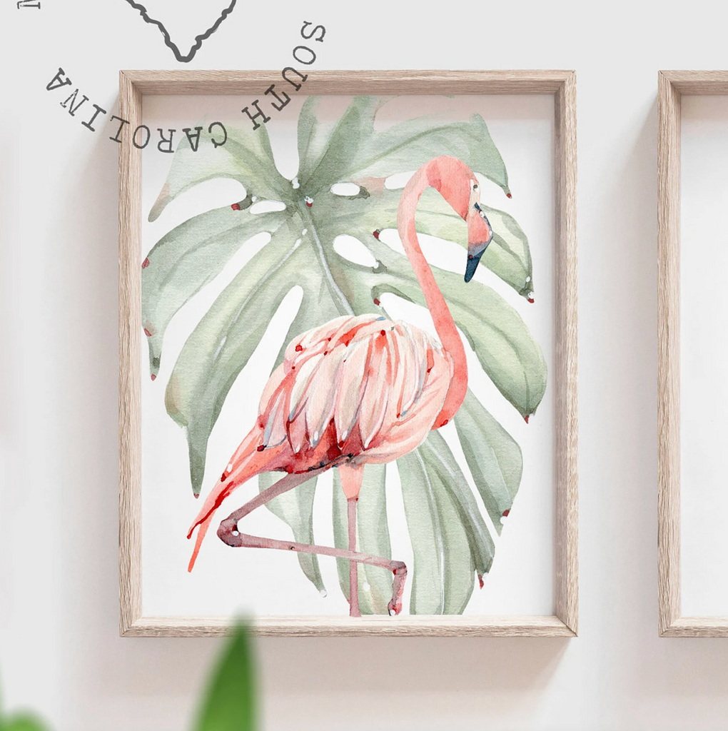 Tropical flamingo nursery, pink green nursery tropical baby, monstera leaf tropical theme baby, trendy nursery wall art decor baby girl gift