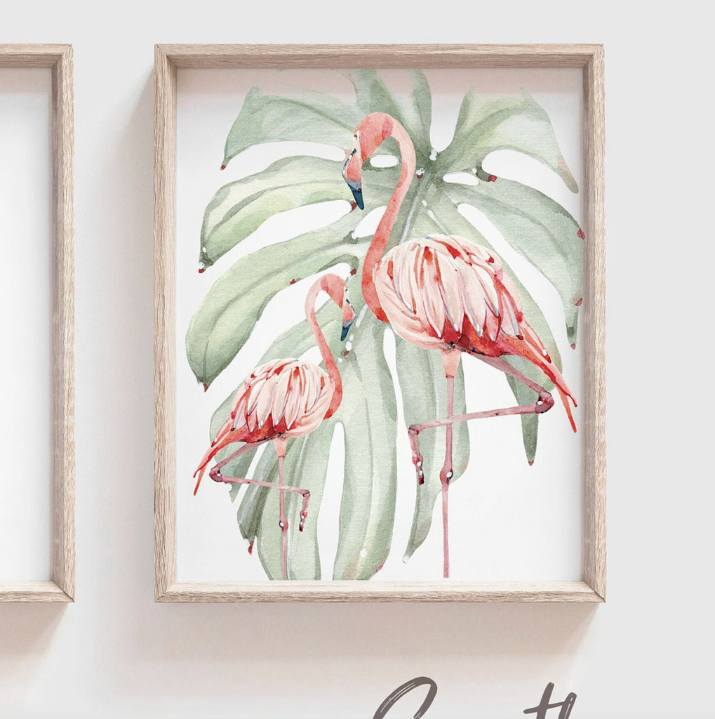 Tropical flamingo nursery, pink green nursery tropical baby, monstera leaf tropical theme baby, trendy nursery wall art decor baby girl gift