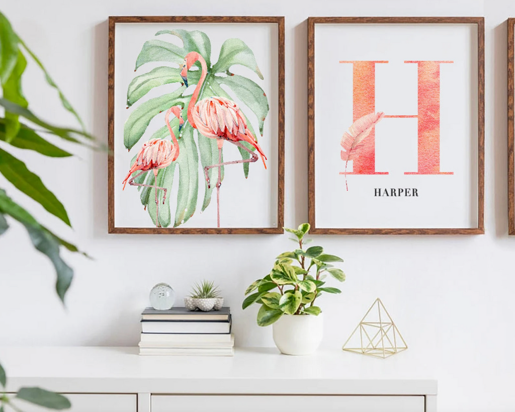 Tropical flamingo nursery, pink green nursery tropical baby, monstera leaf tropical theme baby, trendy nursery wall art decor baby girl gift