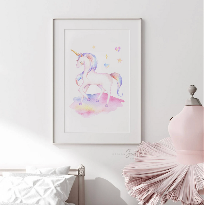Unicorn nursery art, unicorn theme girl's room, unicorn wall art baby girl, personalized unicorn poster print set, unicorn gift newborn girl