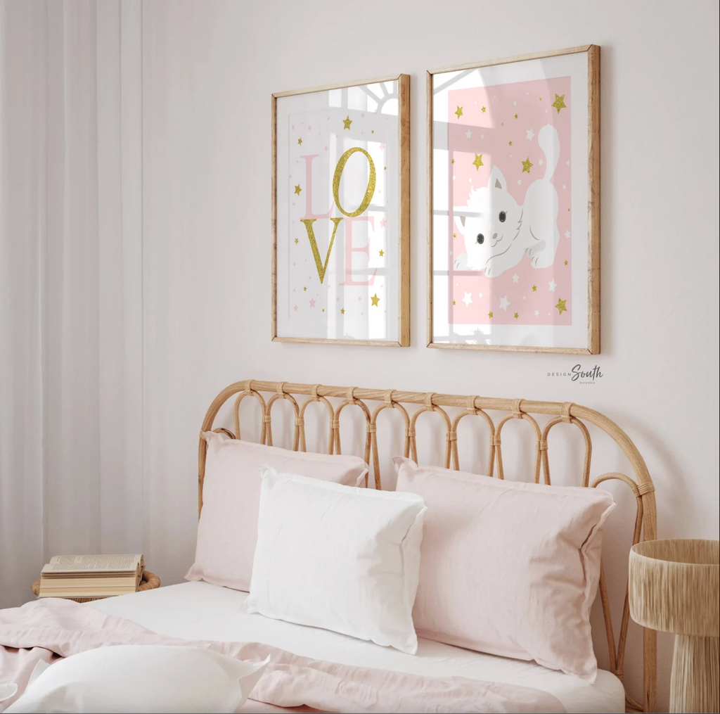 Nursery cat wall art, baby girl room animal, kitten nursery, cat lover room pink, kitten cute cat nursery wall, cat themed, custom baby name