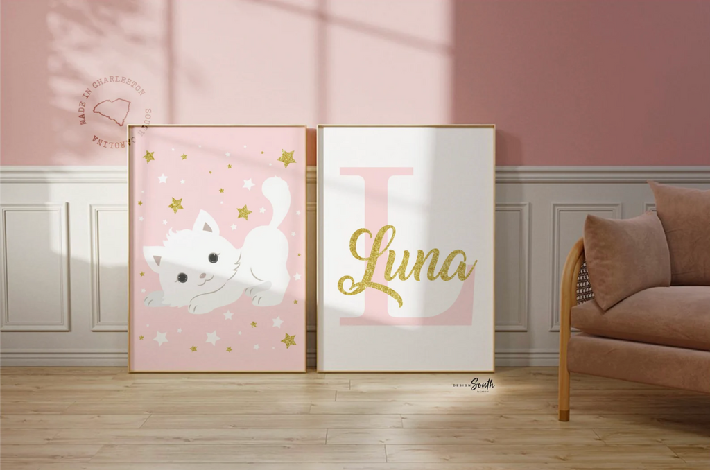 Nursery cat wall art, baby girl room animal, kitten nursery, cat lover room pink, kitten cute cat nursery wall, cat themed, custom baby name