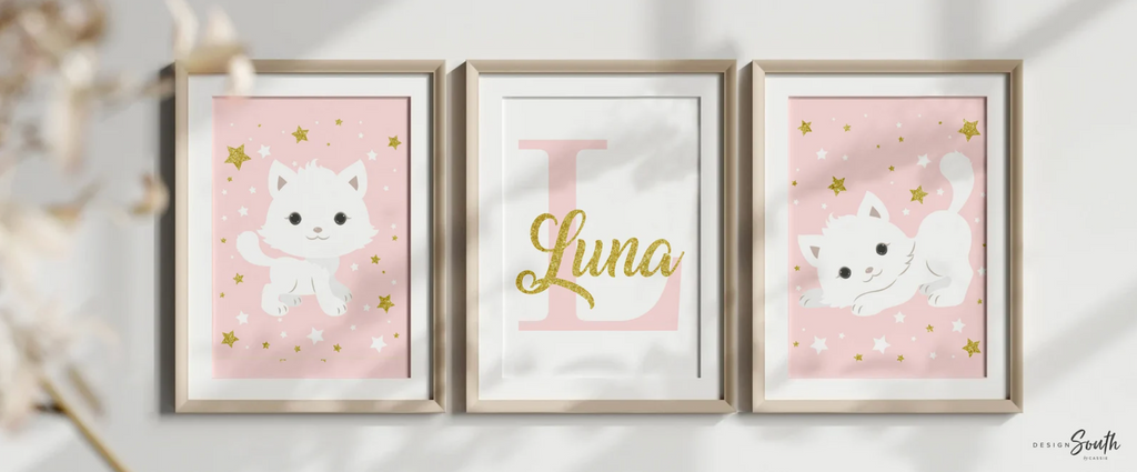 Nursery cat wall art, baby girl room animal, kitten nursery, cat lover room pink, kitten cute cat nursery wall, cat themed, custom baby name