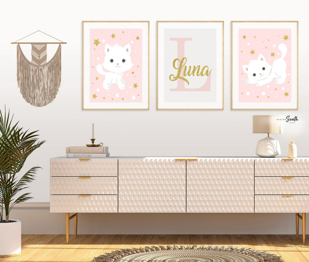 Nursery cat wall art, baby girl room animal, kitten nursery, cat lover room pink, kitten cute cat nursery wall, cat themed, custom baby name
