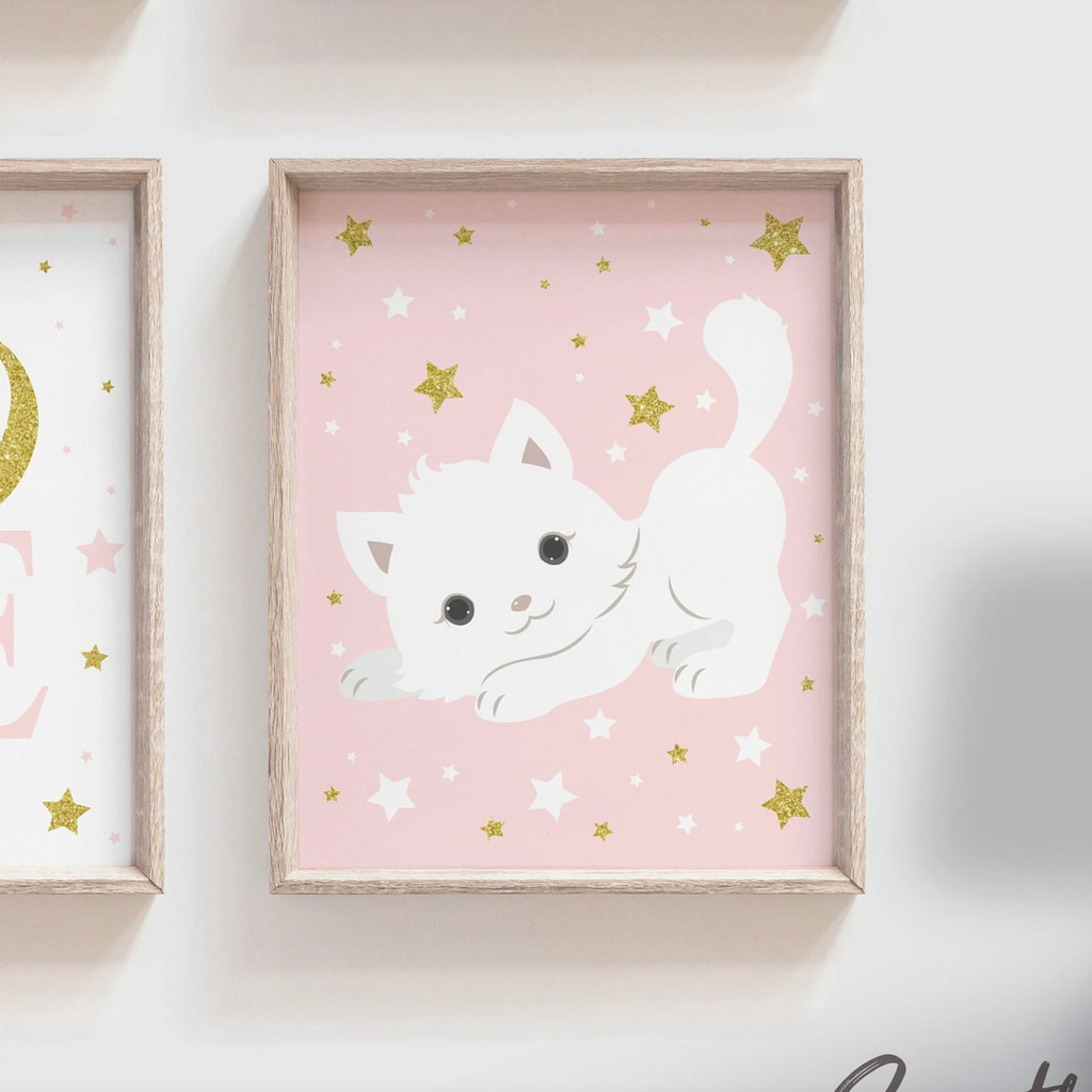 Nursery cat wall art, baby girl room animal, kitten nursery, cat lover room pink, kitten cute cat nursery wall, cat themed, custom baby name