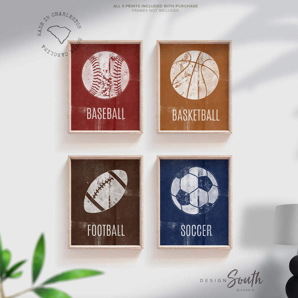Distressed sports art prints posters set of 4, sports kids prints, red orange blue brown sports themed room wall art, toddler little boy art