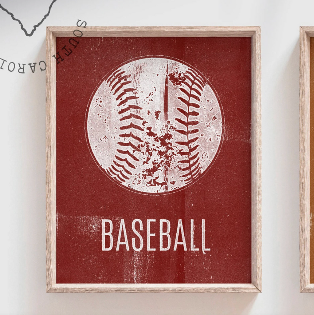 Distressed sports art prints posters set of 4, sports kids prints, red orange blue brown sports themed room wall art, toddler little boy art