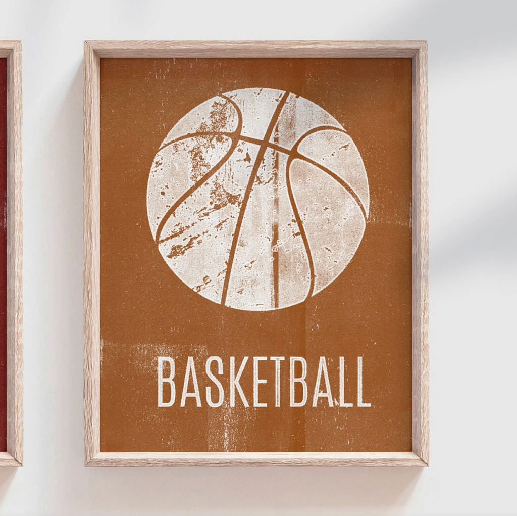 Distressed sports art prints posters set of 4, sports kids prints, red orange blue brown sports themed room wall art, toddler little boy art