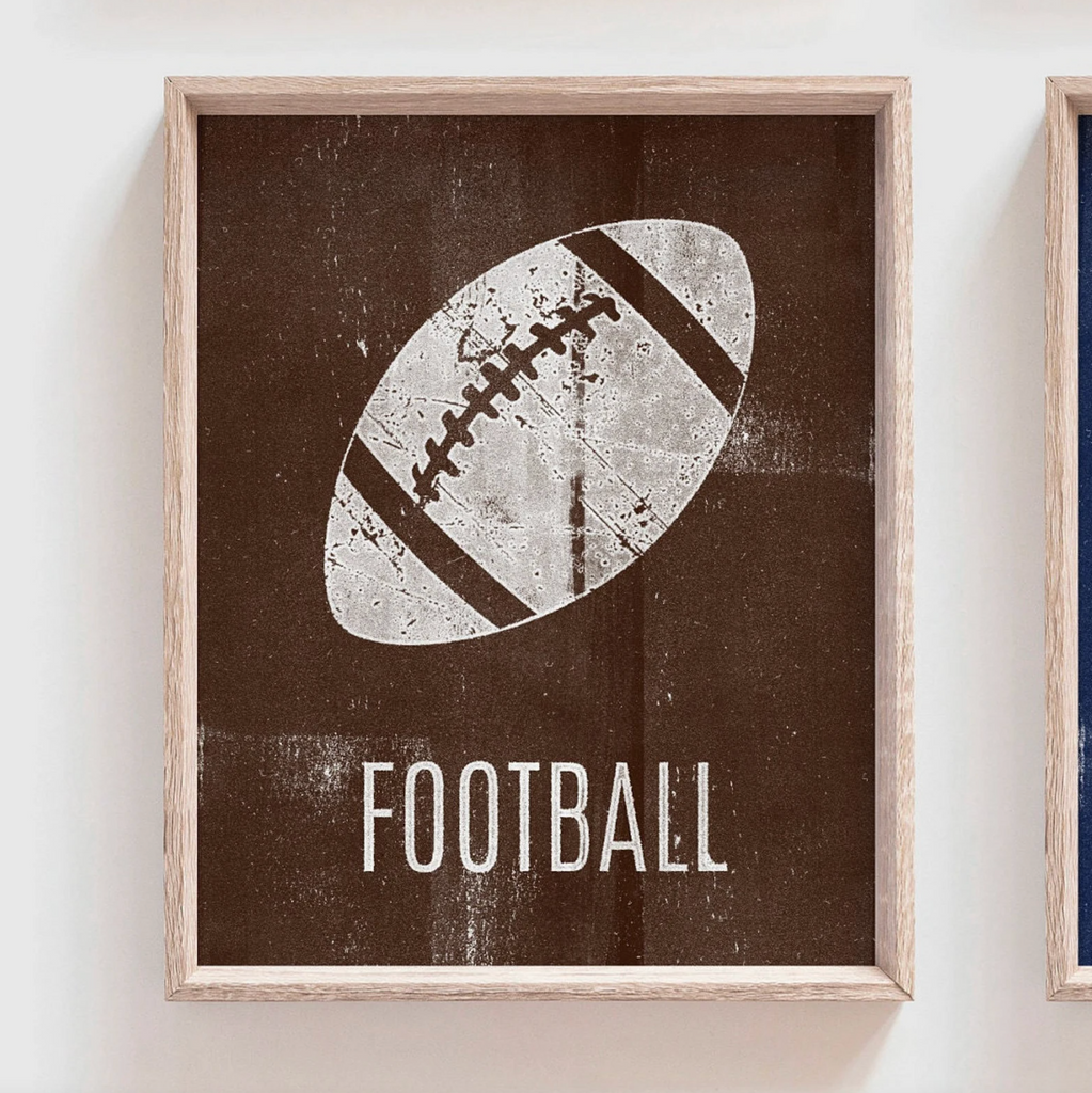 Distressed sports art prints posters set of 4, sports kids prints, red orange blue brown sports themed room wall art, toddler little boy art