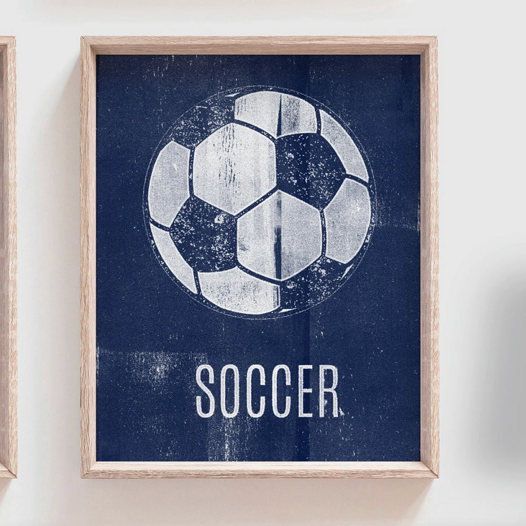 Distressed sports art prints posters set of 4, sports kids prints, red orange blue brown sports themed room wall art, toddler little boy art