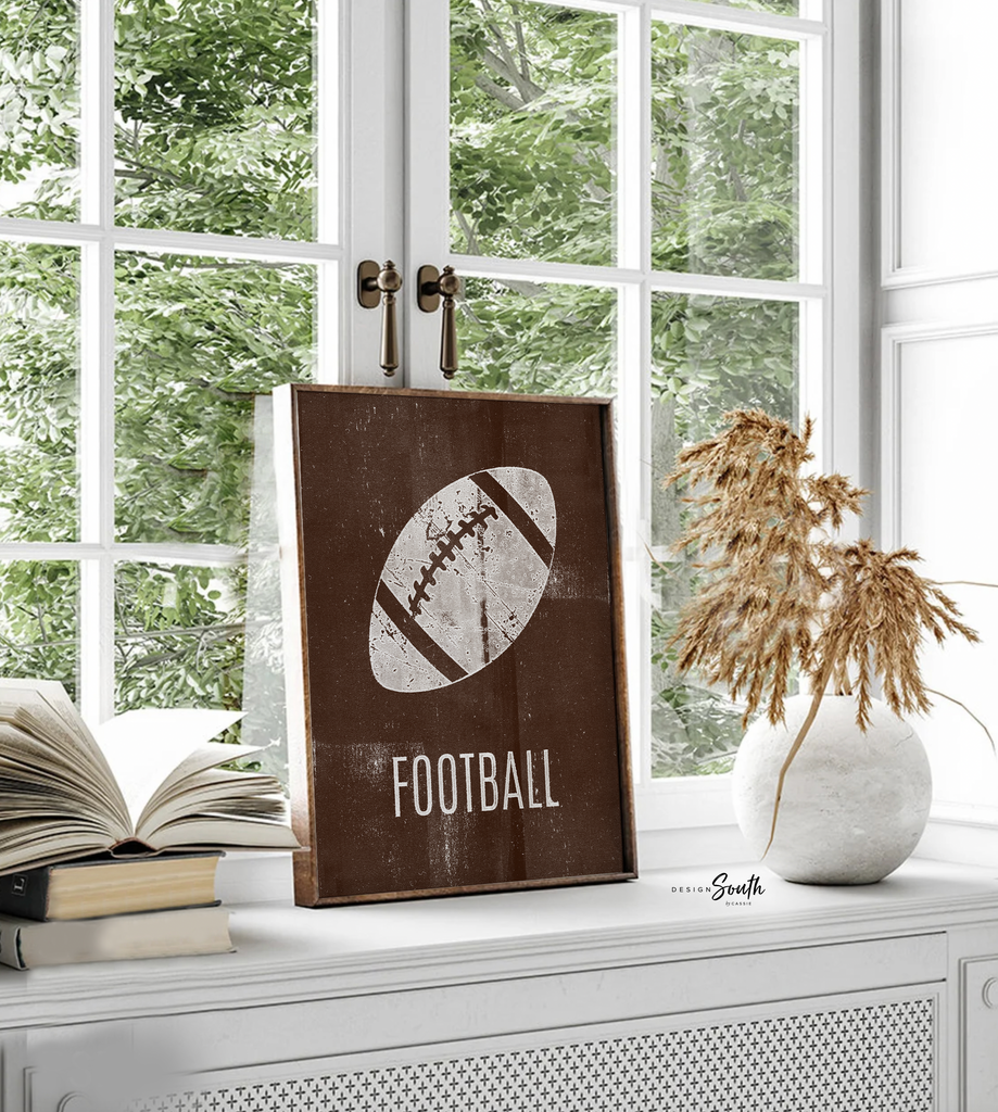 Distressed sports art prints posters set of 4, sports kids prints, red orange blue brown sports themed room wall art, toddler little boy art