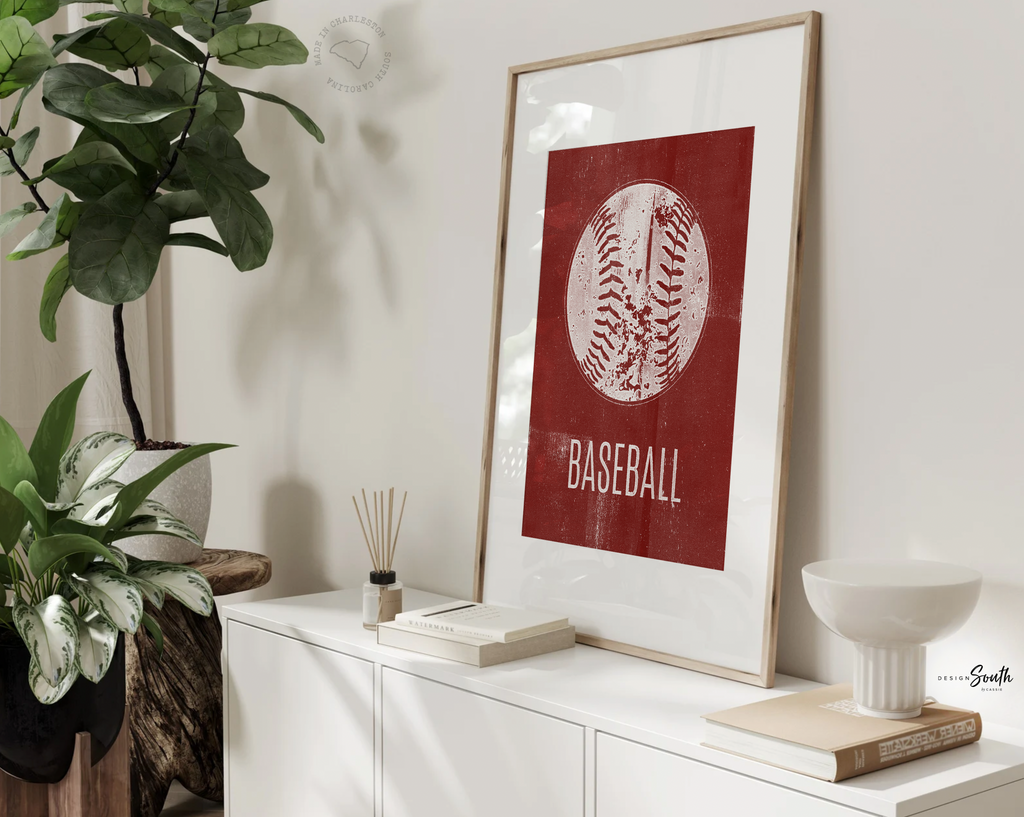 Distressed sports art prints posters set of 4, sports kids prints, red orange blue brown sports themed room wall art, toddler little boy art