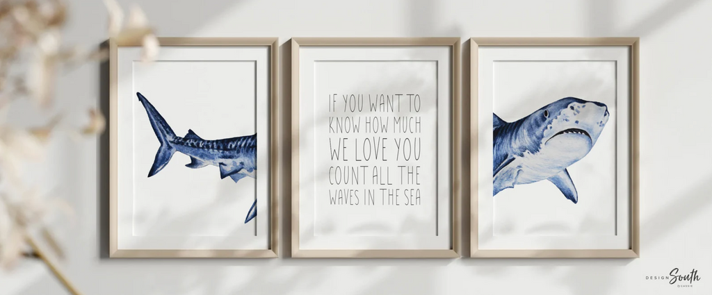 Shark nursery, if you want to know how much we love you count the waves in the sea, shark boy bedroom theme, art prints shark and quote boy