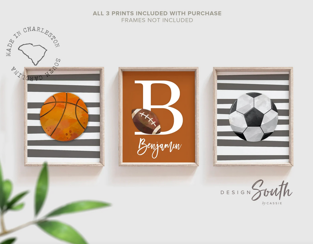 Boys room burnt orange and gray, baby boy nursery sports theme, birthday sports party gift for boy personalized, sports set boy shower gift