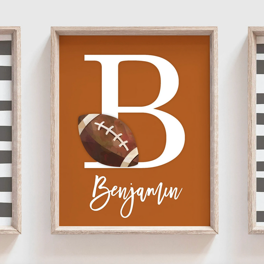 Boys room burnt orange and gray, baby boy nursery sports theme, birthday sports party gift for boy personalized, sports set boy shower gift