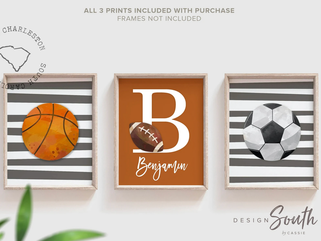 Boys room burnt orange and gray, baby boy nursery sports theme, birthday sports party gift for boy personalized, sports set boy shower gift