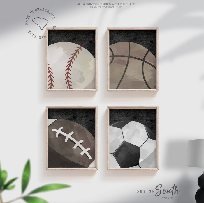 Set of 4 sports balls gray wall prints, sports baby nursery little boy's bedroom, all sports room ideas, toddler sports art, sports themed