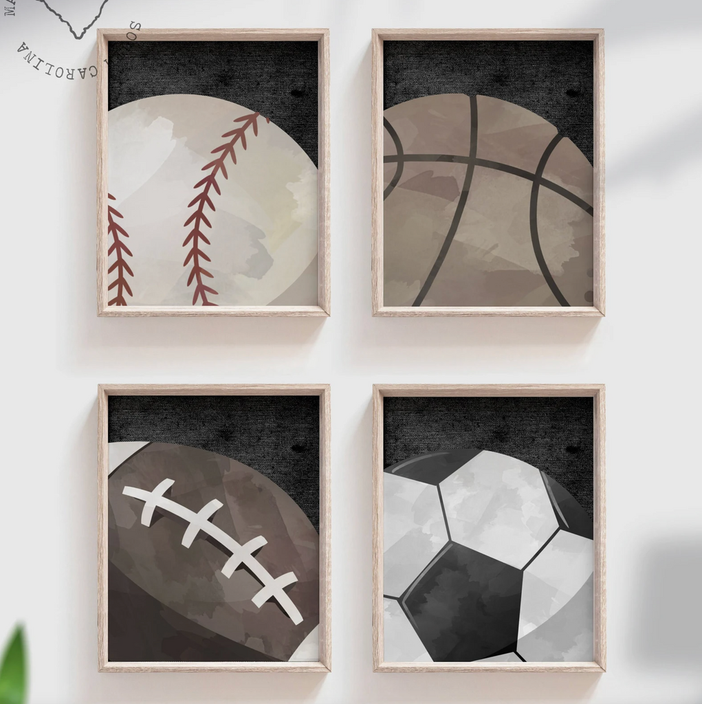 Set of 4 sports balls gray wall prints, sports baby nursery little boy's bedroom, all sports room ideas, toddler sports art, sports themed