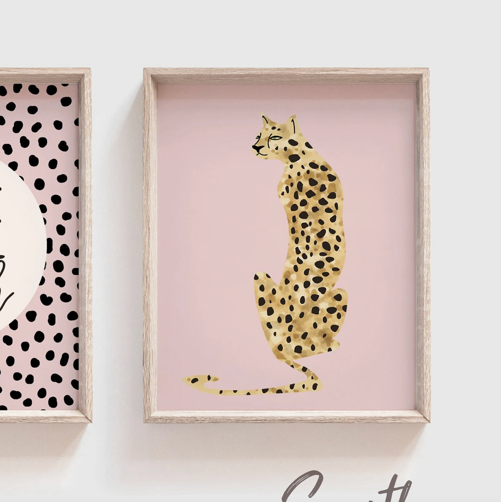 Baby cheetah print pink, dot speckle pattern nursery, modern nursery ideas girl, safari baby animal nursery pink girl, printed cheetah art