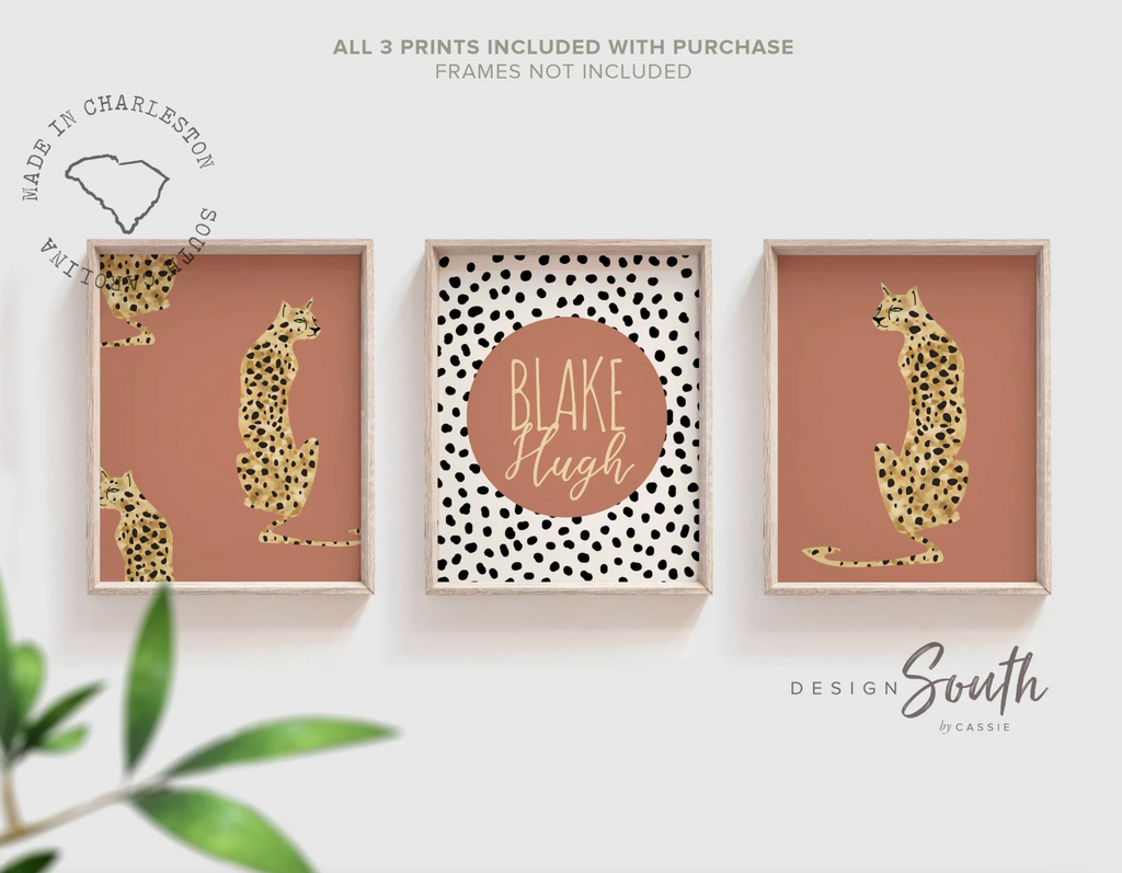 Boho terracotta vintage art, leopard cheetah prints, terracotta jungle cheetah, neutral vintage safari nursery art personalized name animal