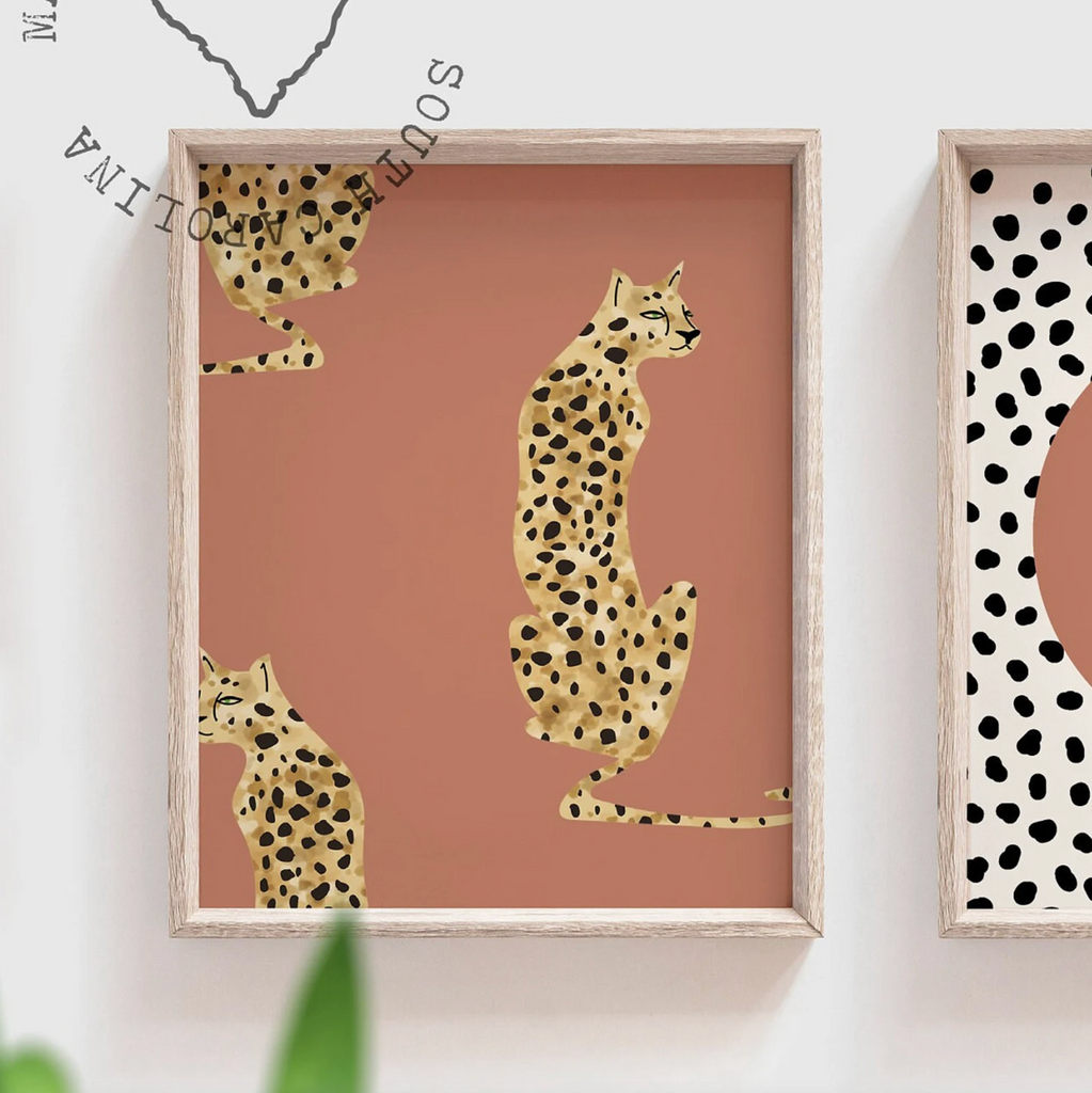 Boho terracotta vintage art, leopard cheetah prints, terracotta jungle cheetah, neutral vintage safari nursery art personalized name animal