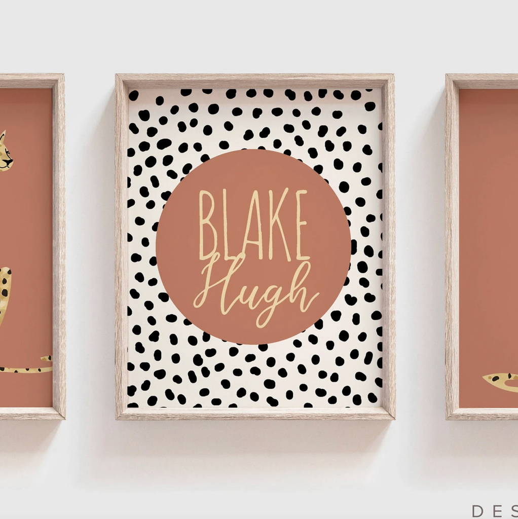 Boho terracotta vintage art, leopard cheetah prints, terracotta jungle cheetah, neutral vintage safari nursery art personalized name animal