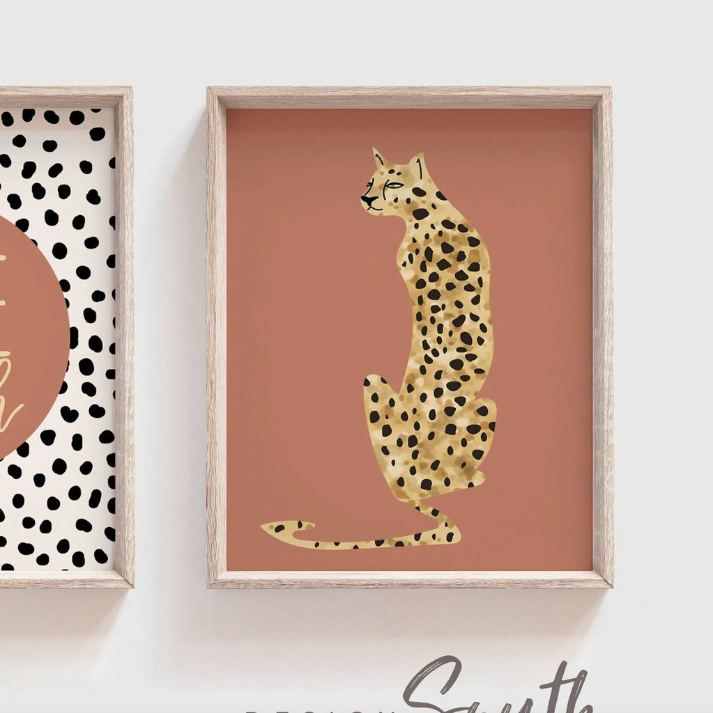 Boho terracotta vintage art, leopard cheetah prints, terracotta jungle cheetah, neutral vintage safari nursery art personalized name animal
