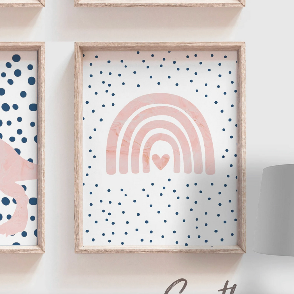 Pink dinosaur polka dots, pink and navy blue toddler girl room collection dinosaur themed, dinosaurs with hearts rainbows speckles modern