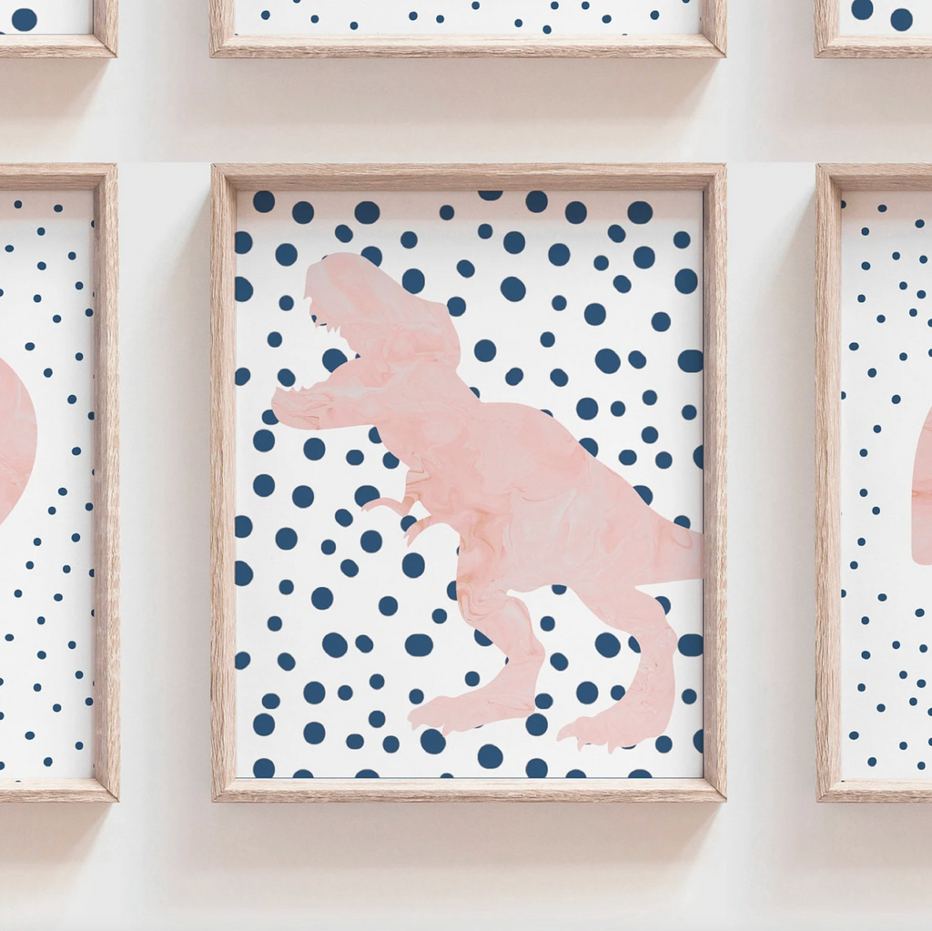 Pink dinosaur polka dots, pink and navy blue toddler girl room collection dinosaur themed, dinosaurs with hearts rainbows speckles modern