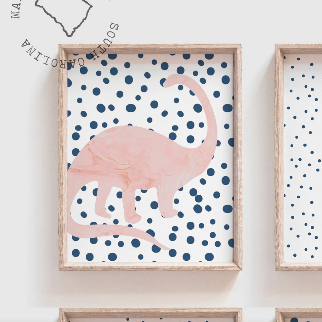 Pink dinosaur polka dots, pink and navy blue toddler girl room collection dinosaur themed, dinosaurs with hearts rainbows speckles modern