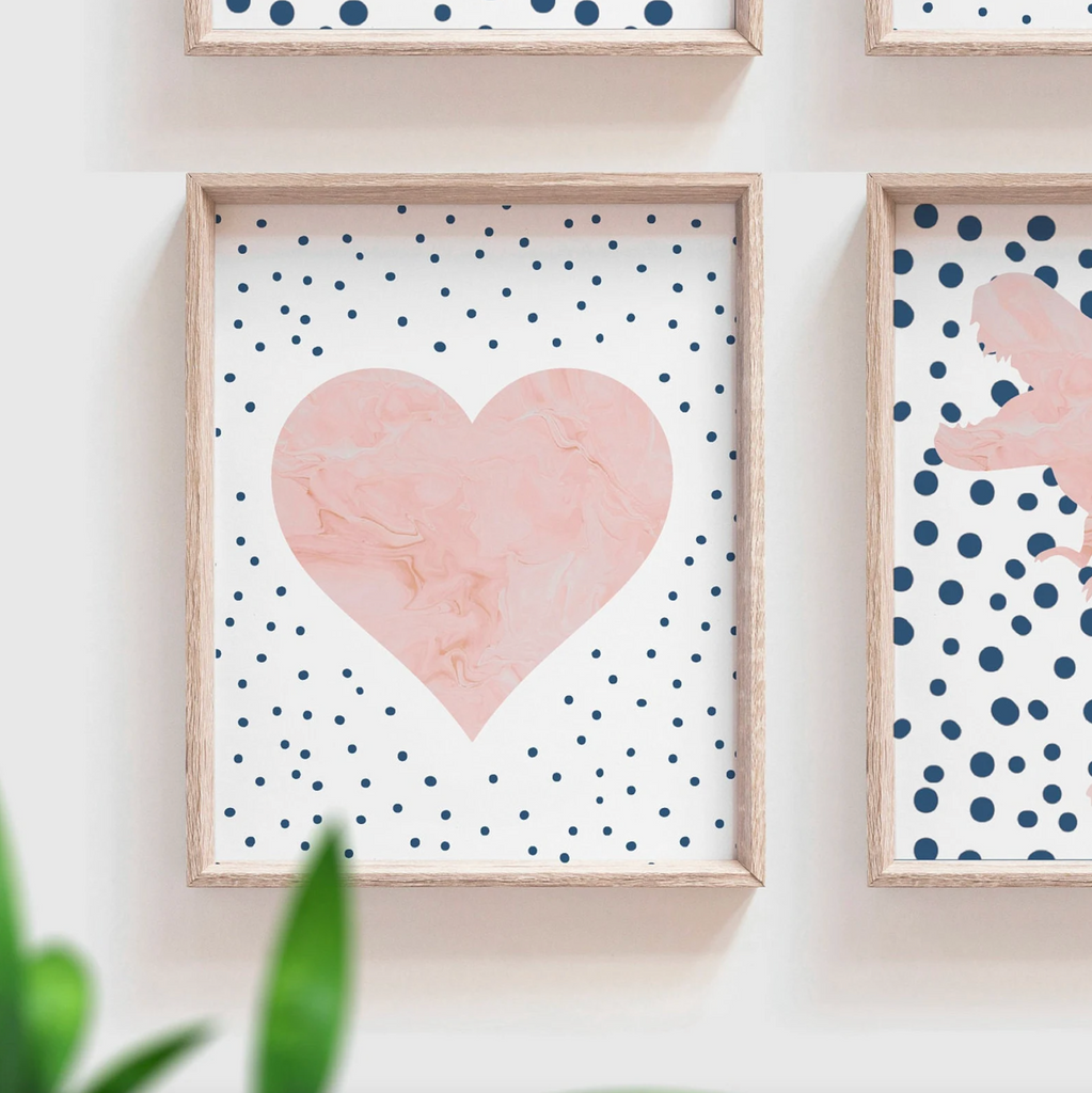 Pink dinosaur polka dots, pink and navy blue toddler girl room collection dinosaur themed, dinosaurs with hearts rainbows speckles modern