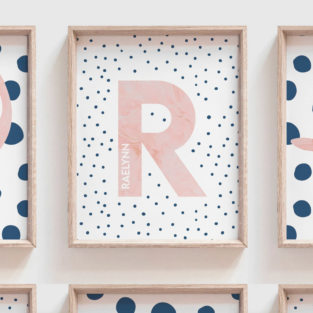 Pink dinosaur polka dots, pink and navy blue toddler girl room collection dinosaur themed, dinosaurs with hearts rainbows speckles modern