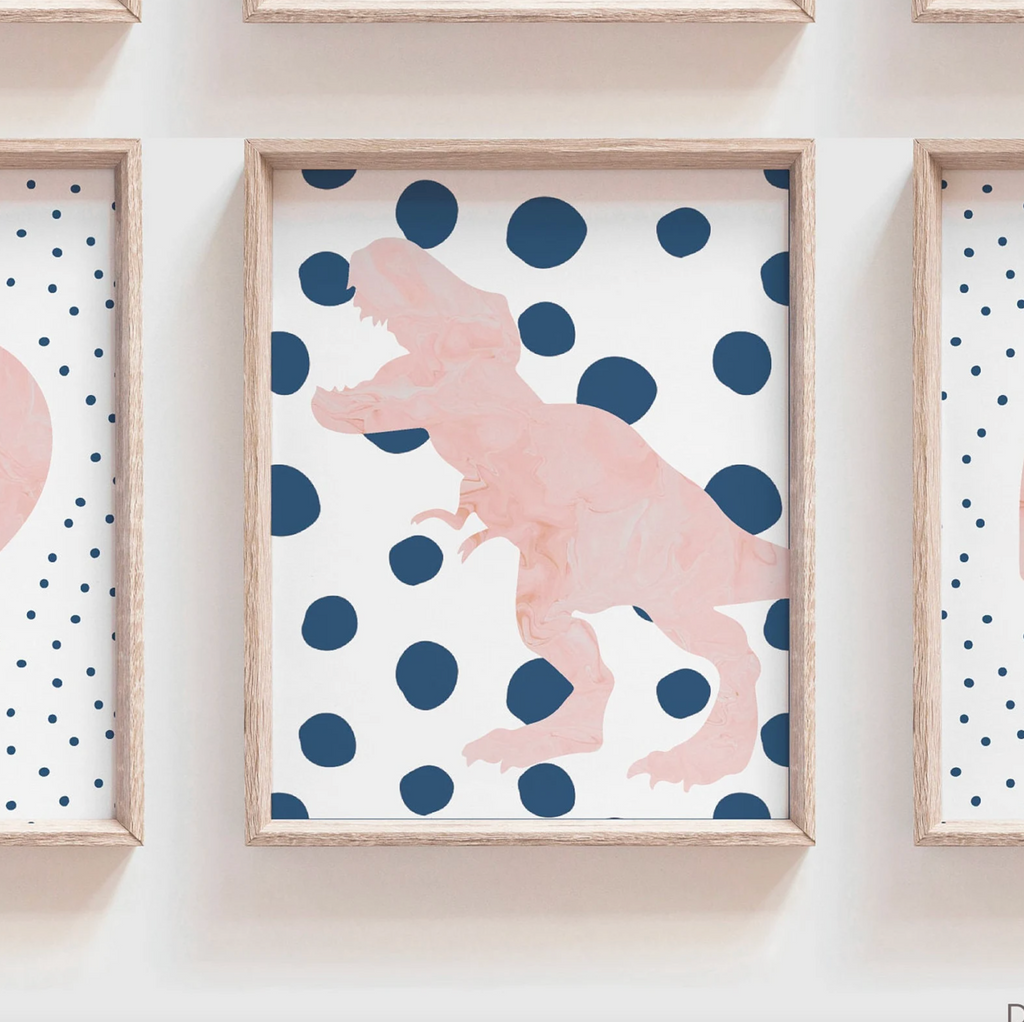 Pink dinosaur polka dots, pink and navy blue toddler girl room collection dinosaur themed, dinosaurs with hearts rainbows speckles modern