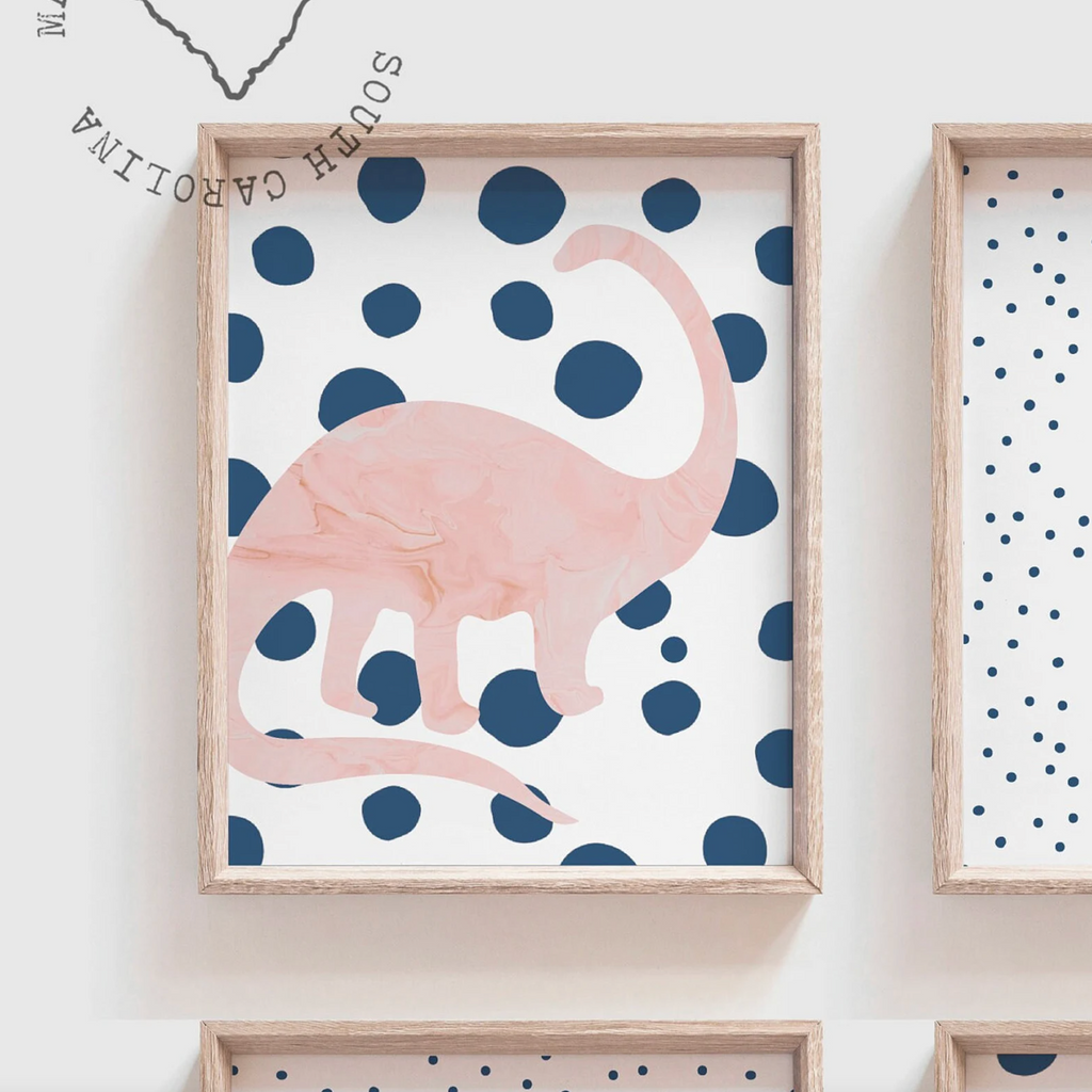 Pink dinosaur polka dots, pink and navy blue toddler girl room collection dinosaur themed, dinosaurs with hearts rainbows speckles modern