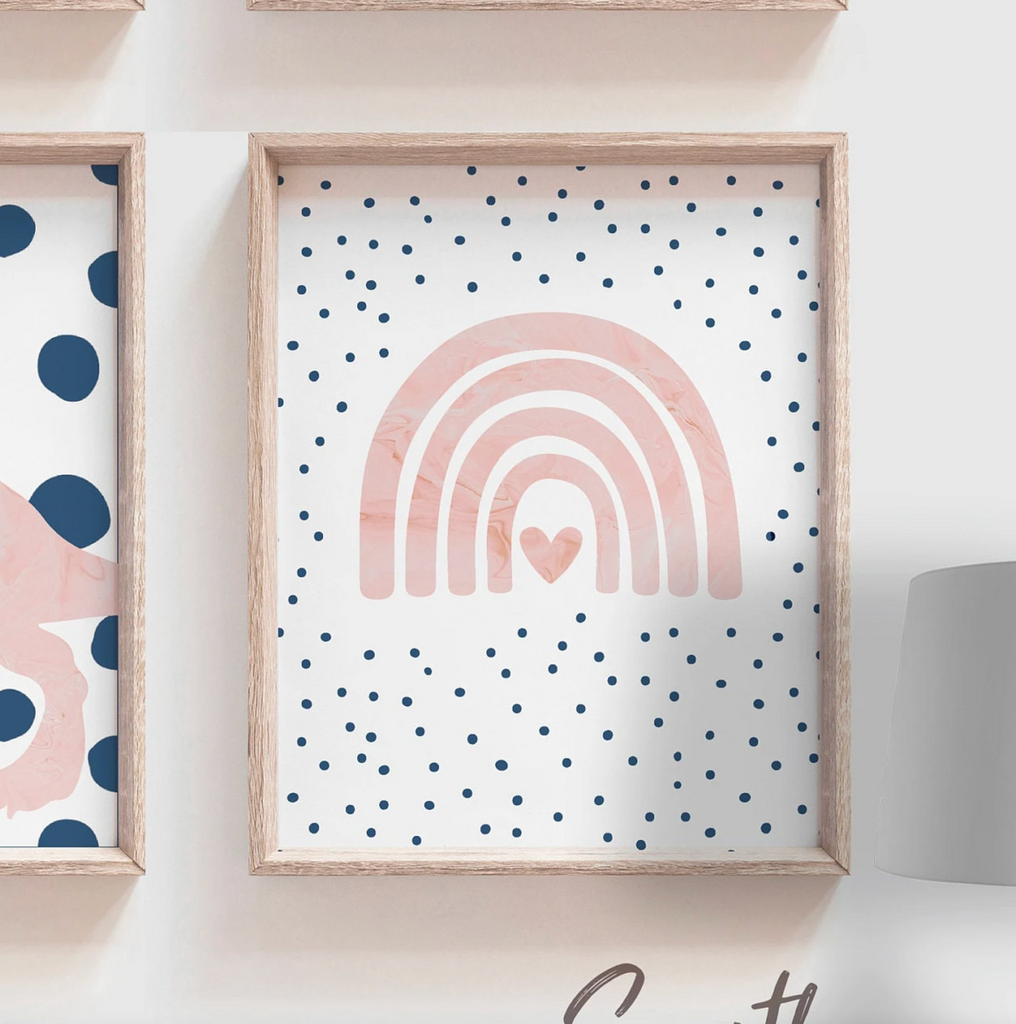 Pink dinosaur polka dots, pink and navy blue toddler girl room collection dinosaur themed, dinosaurs with hearts rainbows speckles modern