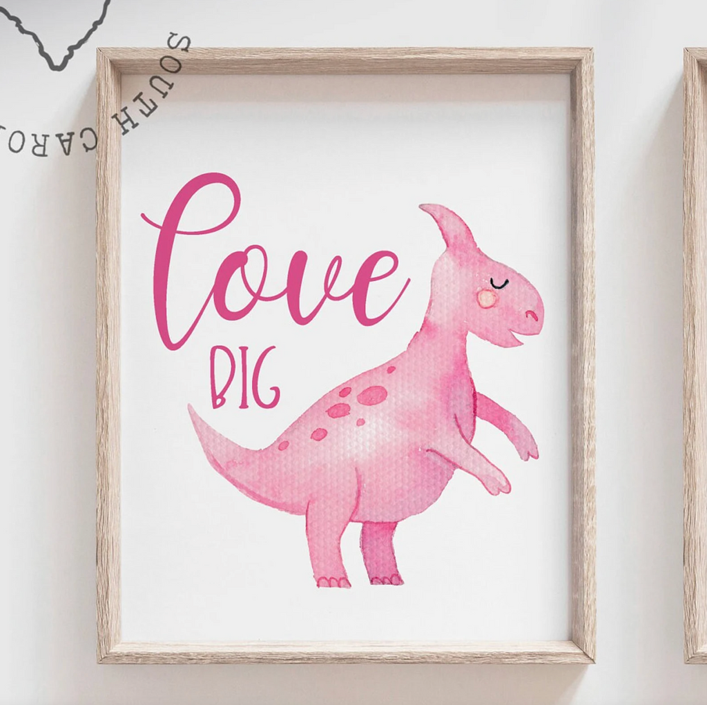 Toddler room dinosaur wall art, kids playroom wall ideas, pink blue green yellow children art, dinosaur nursery bedroom or playroom wall art