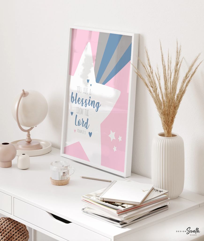 Girls pink gray and blue nursery, pink blue and gray little girl room art, blue and pink monogram print set for girl, moon cloud star nursery, cloud nursery decor, cloud moon star wall decor