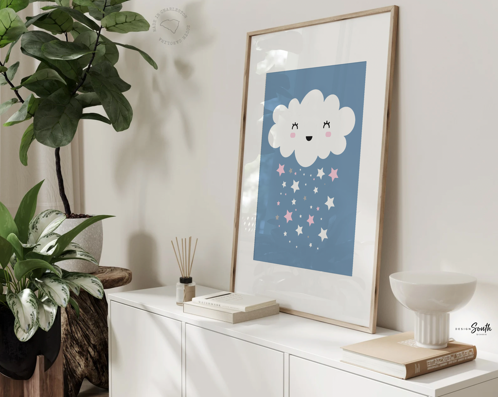 Girls pink gray and blue nursery, pink blue and gray little girl room art, blue and pink monogram print set for girl, moon cloud star nursery, cloud nursery decor, cloud moon star wall decor