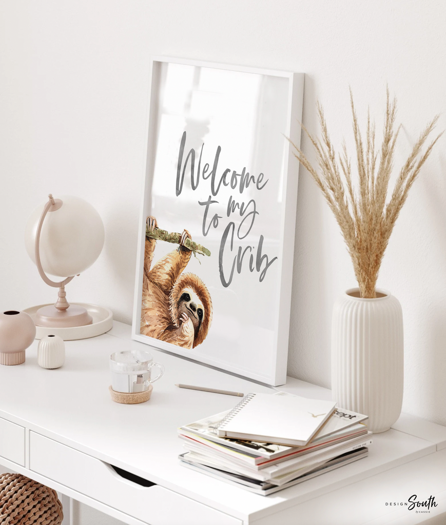Baby sloth tropical palm leaf nursery, tropical palm nursery decor, baby palm leaf tropical nursery decor, sloth themed room decor wall sign