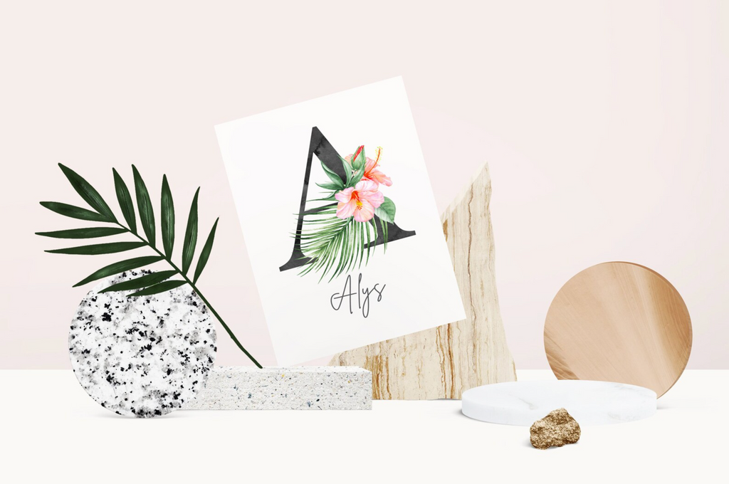 Pink and coral tropical nursery, baby girl tropical flowers nursery, coral and pink baby name and quote, little girl tropical playroom idea