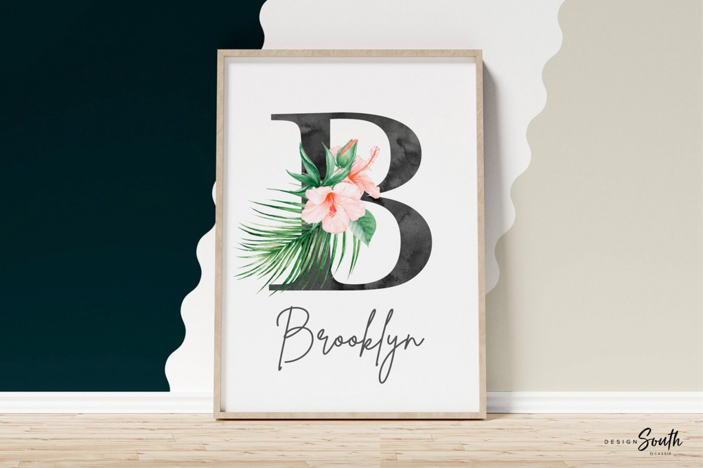 Pink and coral tropical nursery, baby girl tropical flowers nursery, coral and pink baby name and quote, little girl tropical playroom idea