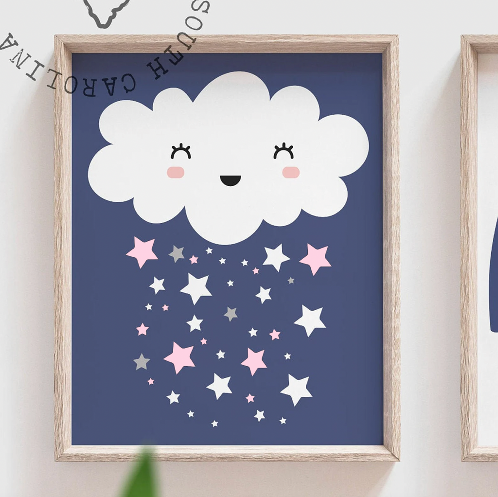 Girl pink navy nursery, pink navy nursery name print, navy blue star celestial monogram for girl, moon and stars nursery, cloud star moon sun rainbow nursery decor, cloud baby decor