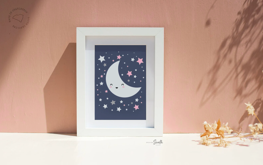 Girl pink navy nursery, pink navy nursery name print, navy blue star celestial monogram for girl, moon and stars nursery, cloud star moon sun rainbow nursery decor, cloud baby decor