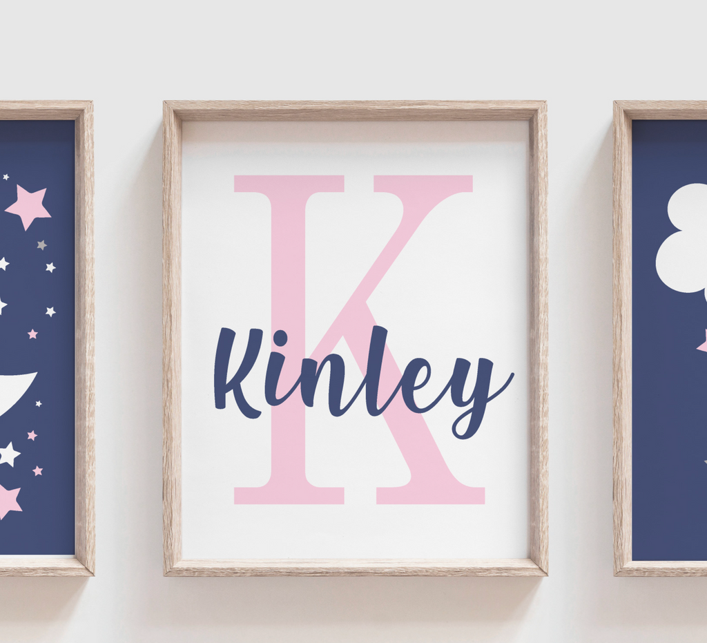 Girl pink navy nursery, pink navy nursery name print, navy blue star celestial monogram for girl, moon and stars nursery, cloud star moon sun rainbow nursery decor, cloud baby decor