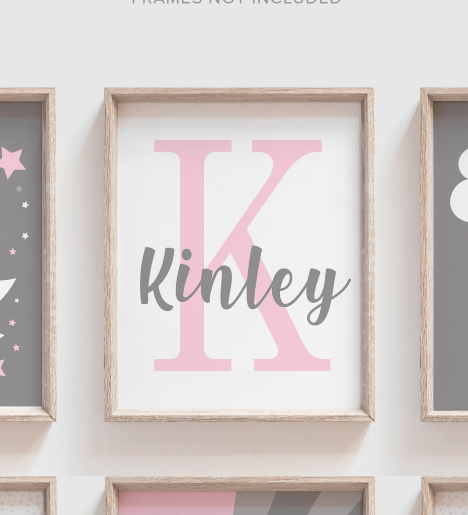 Girl pink and gray nursery, pink gray nursery name print, gray star celestial monogram for girl, moon and stars nursery, cloud star moon sun rainbow nursery decor, cloud baby decor