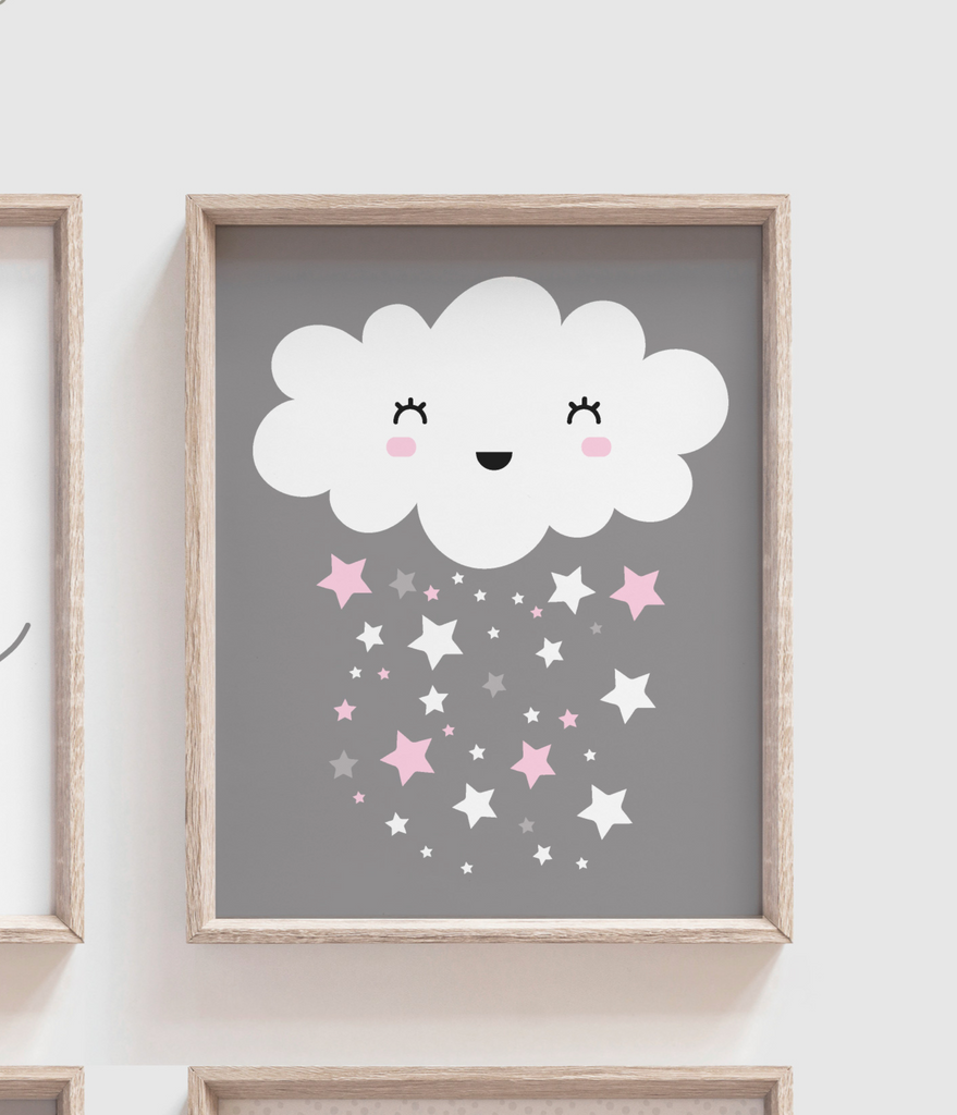 Girl pink and gray nursery, pink gray nursery name print, gray star celestial monogram for girl, moon and stars nursery, cloud star moon sun rainbow nursery decor, cloud baby decor