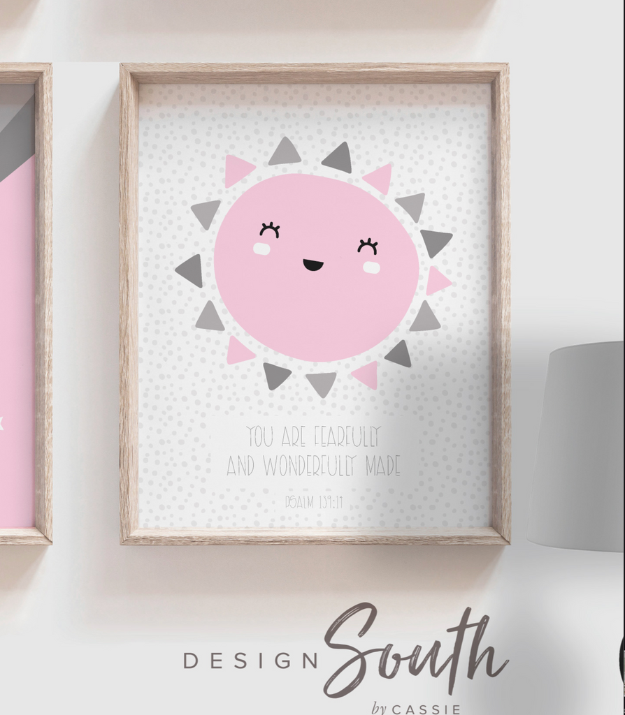 Girl pink and gray nursery, pink gray nursery name print, gray star celestial monogram for girl, moon and stars nursery, cloud star moon sun rainbow nursery decor, cloud baby decor