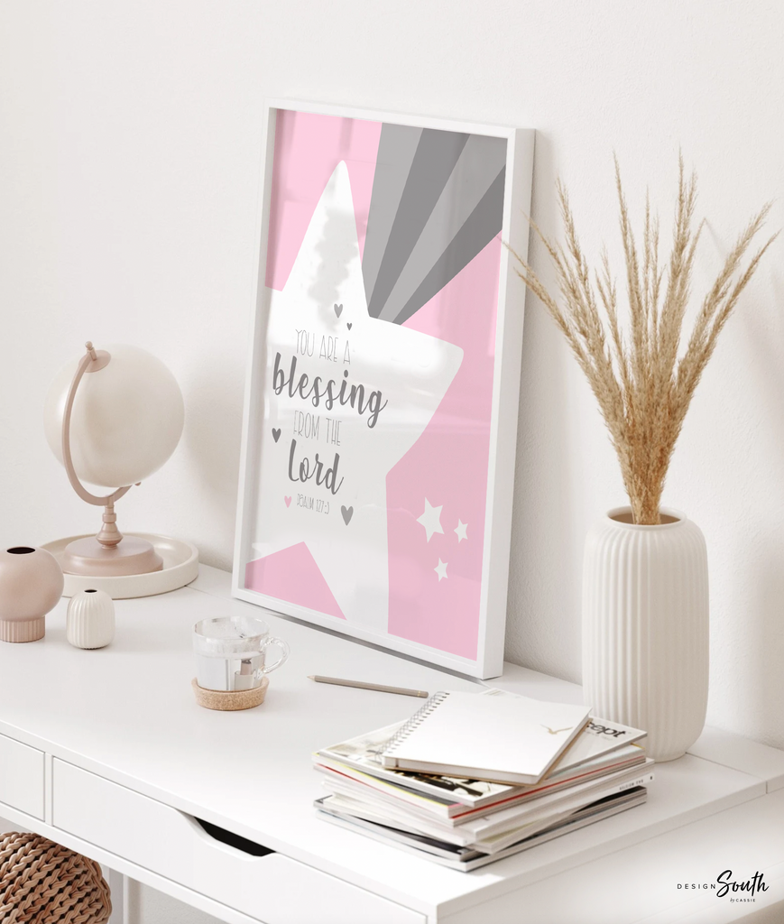 Girl pink and gray nursery, pink gray nursery name print, gray star celestial monogram for girl, moon and stars nursery, cloud star moon sun rainbow nursery decor, cloud baby decor