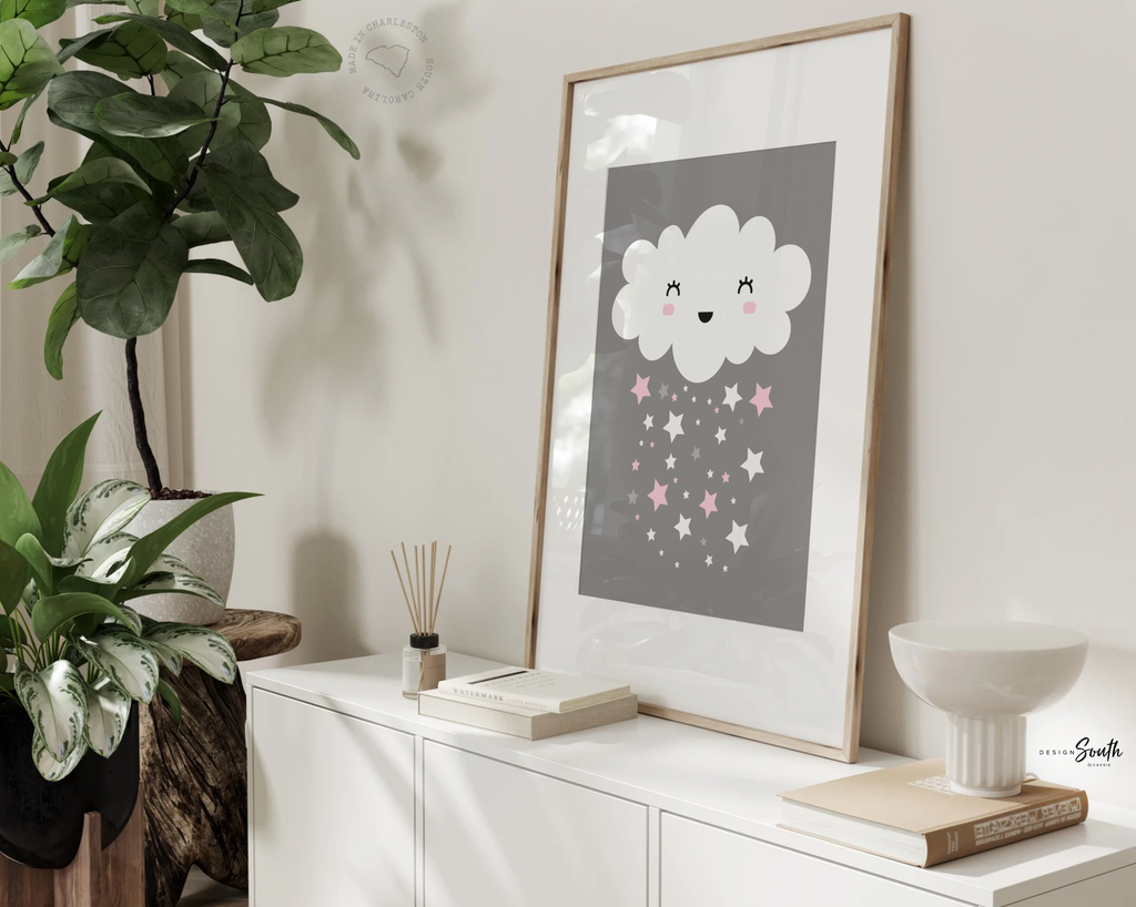 Girl pink and gray nursery, pink gray nursery name print, gray star celestial monogram for girl, moon and stars nursery, cloud star moon sun rainbow nursery decor, cloud baby decor