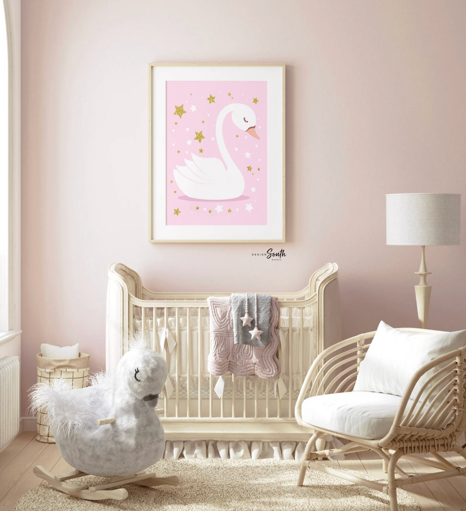Swan nursery, baby shower gift, pink and gold nursery, baby girl wall art, nursery decor, swan princess, pink swan, pink and gold swan art